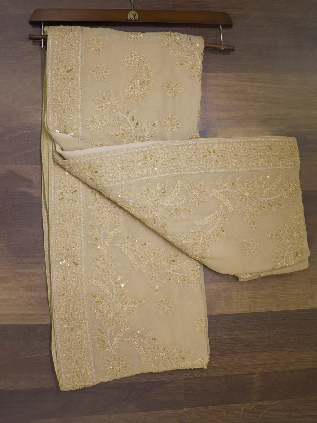 Ada Hand Embroidered Fawn Pure Georgette Lucknowi Chikankari Saree With Blouse And Cutdana Work 01A439015