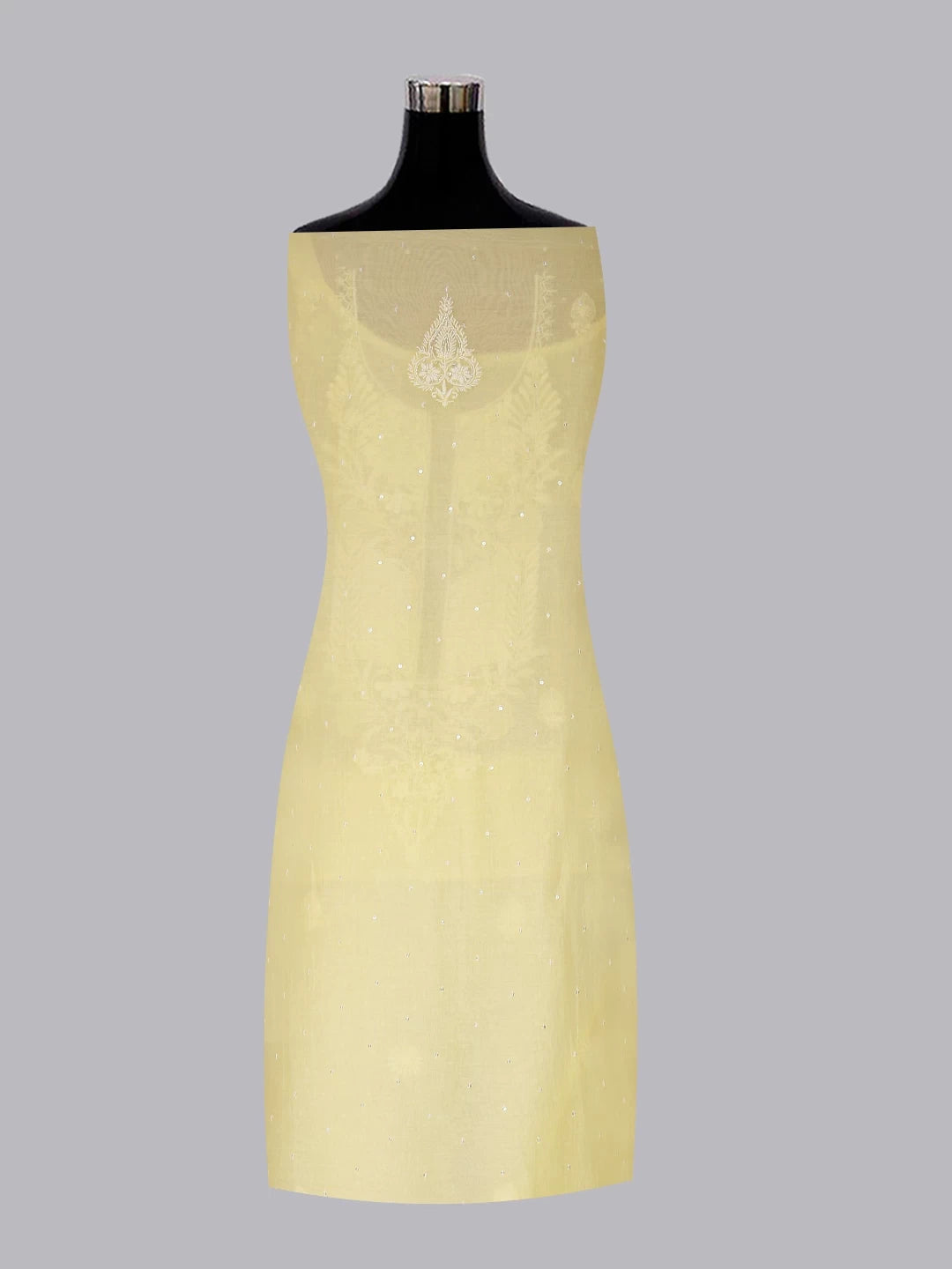 Ada Hand Embroidered Lemon Chanderi Lucknowi Chikankari Unstitched Kurta Dupatta Set With Pearl Work 01A325758