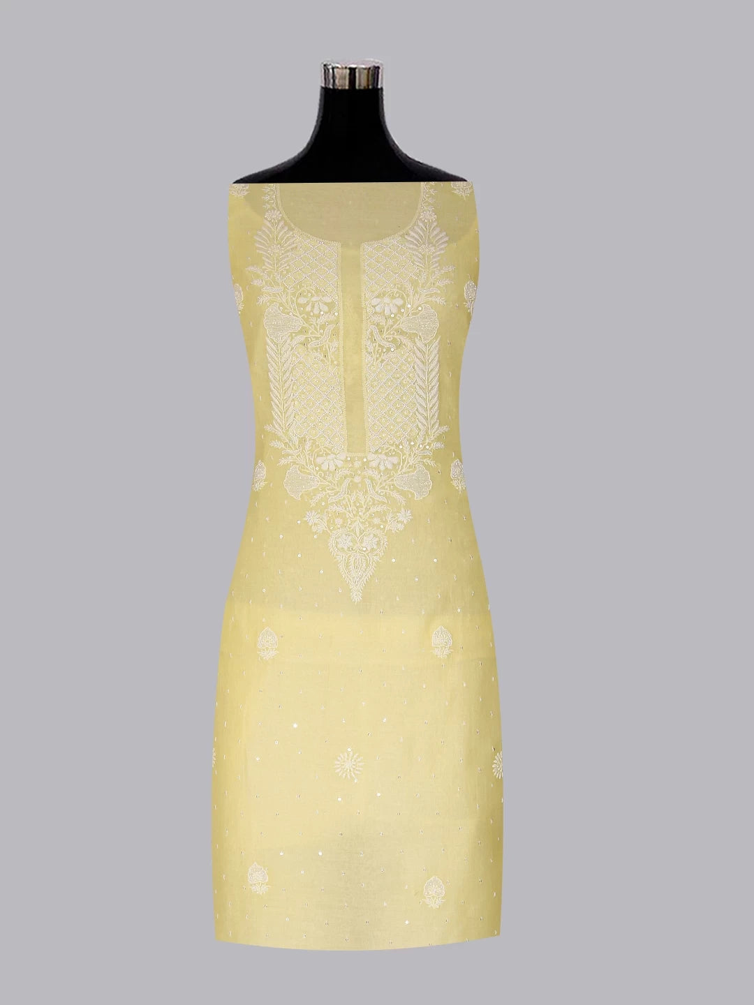 Ada Hand Embroidered Lemon Chanderi Lucknowi Chikankari Unstitched Kurta Dupatta Set With Pearl Work 01A325758