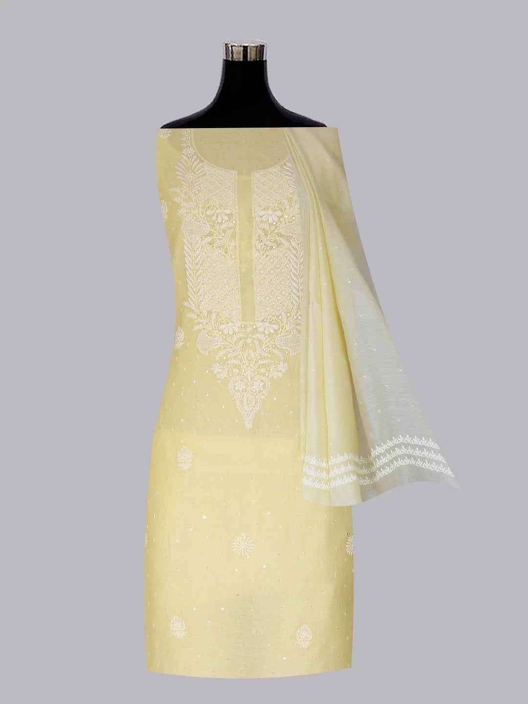 Ada Hand Embroidered Lemon Chanderi Lucknowi Chikankari Unstitched Kurta Dupatta Set With Pearl Work 01A325758