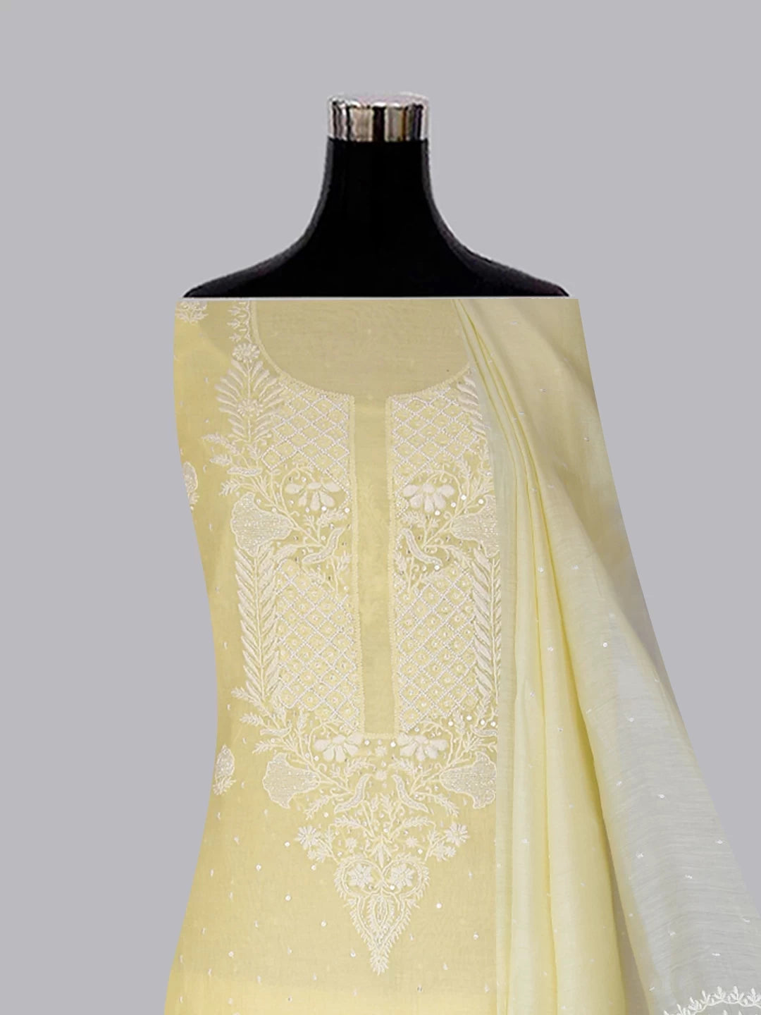 Ada Hand Embroidered Lemon Chanderi Lucknowi Chikankari Unstitched Kurta Dupatta Set With Pearl Work 01A325758