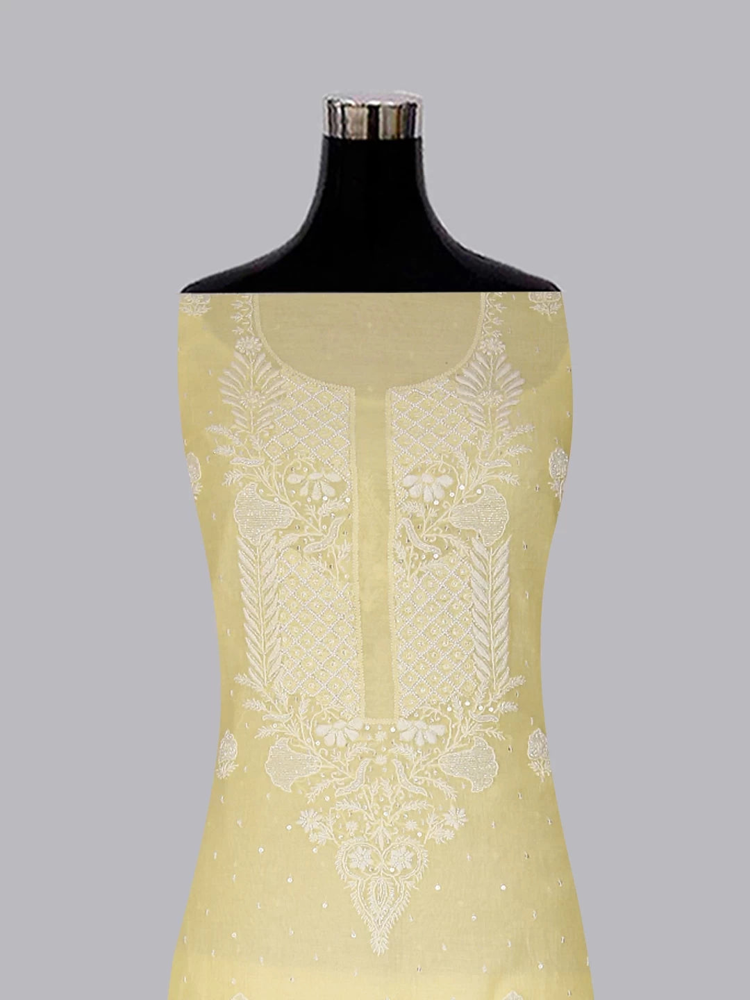 Ada Hand Embroidered Lemon Chanderi Lucknowi Chikankari Unstitched Kurta Dupatta Set With Pearl Work 01A325758