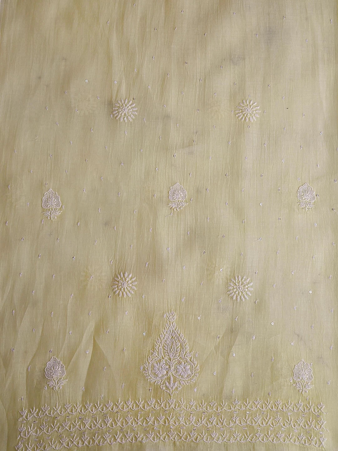 Ada Hand Embroidered Lemon Chanderi Lucknowi Chikankari Unstitched Kurta Dupatta Set With Pearl Work 01A325758