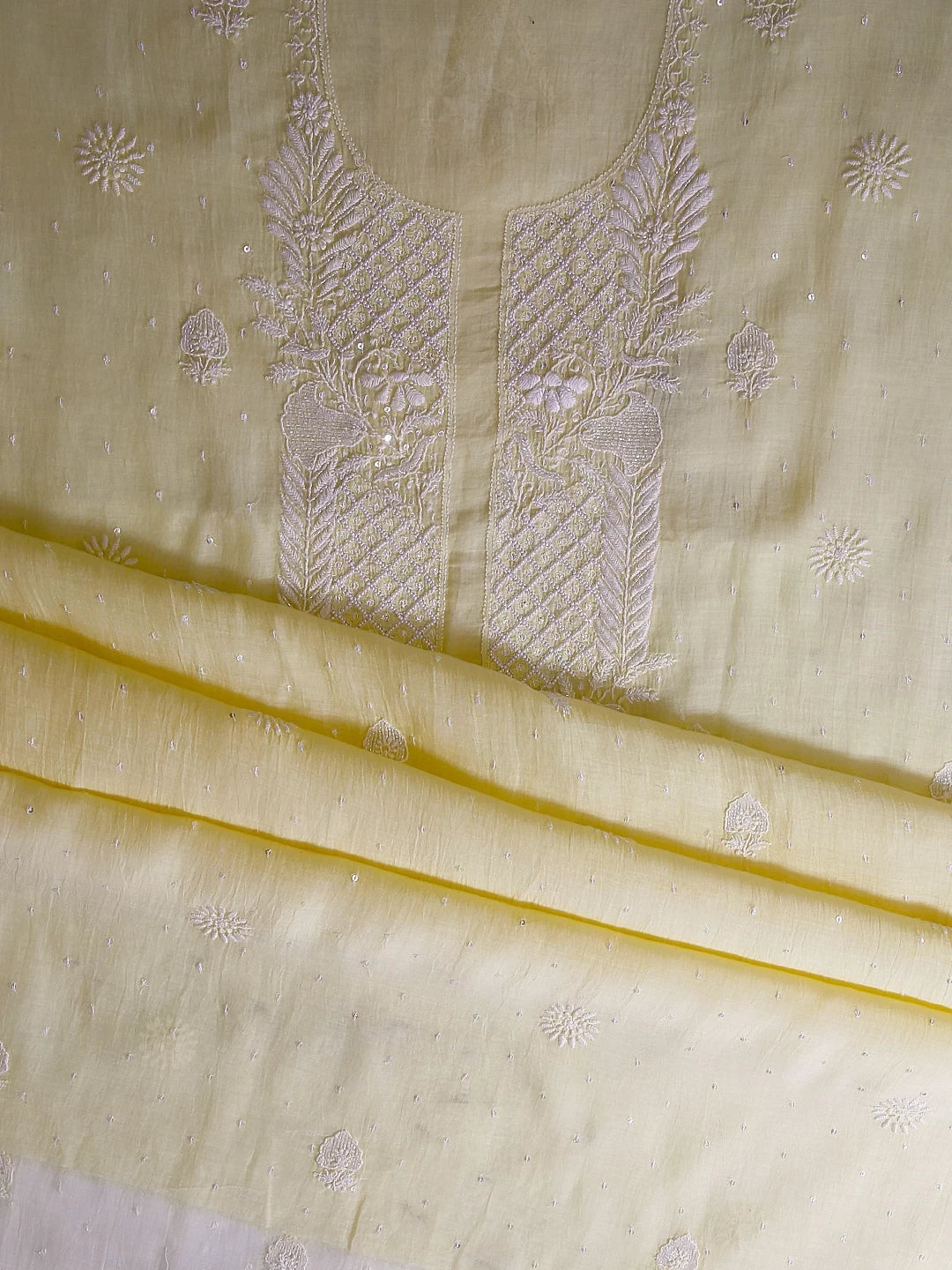 Ada Hand Embroidered Lemon Chanderi Lucknowi Chikankari Unstitched Kurta Dupatta Set With Pearl Work 01A325758