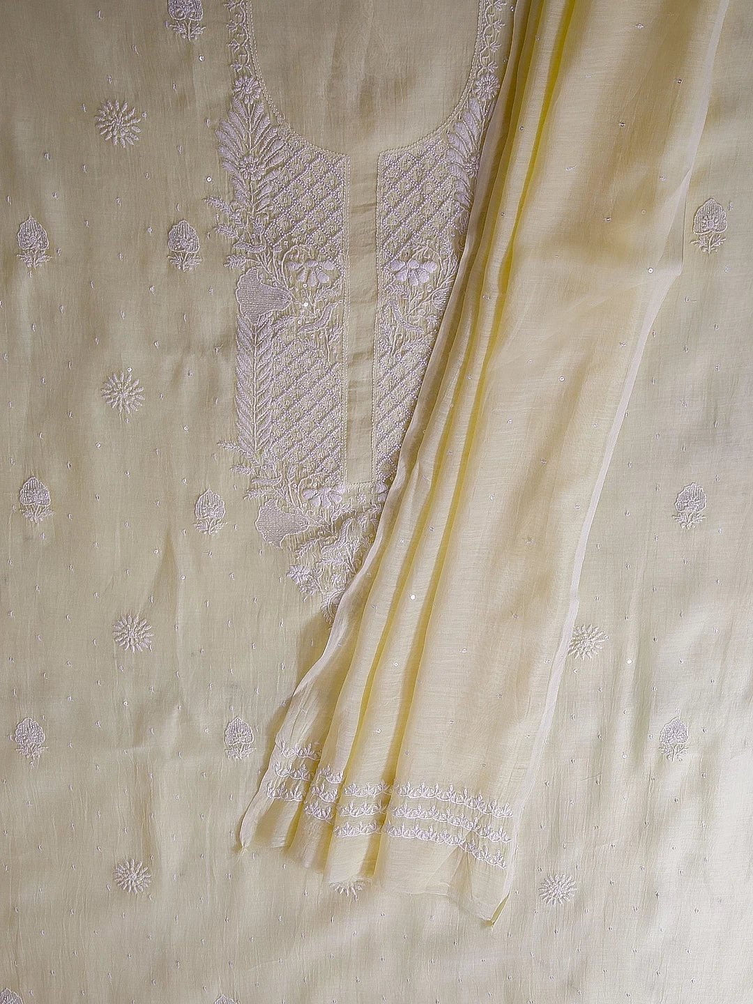 Ada Hand Embroidered Lemon Chanderi Lucknowi Chikankari Unstitched Kurta Dupatta Set With Pearl Work 01A325758