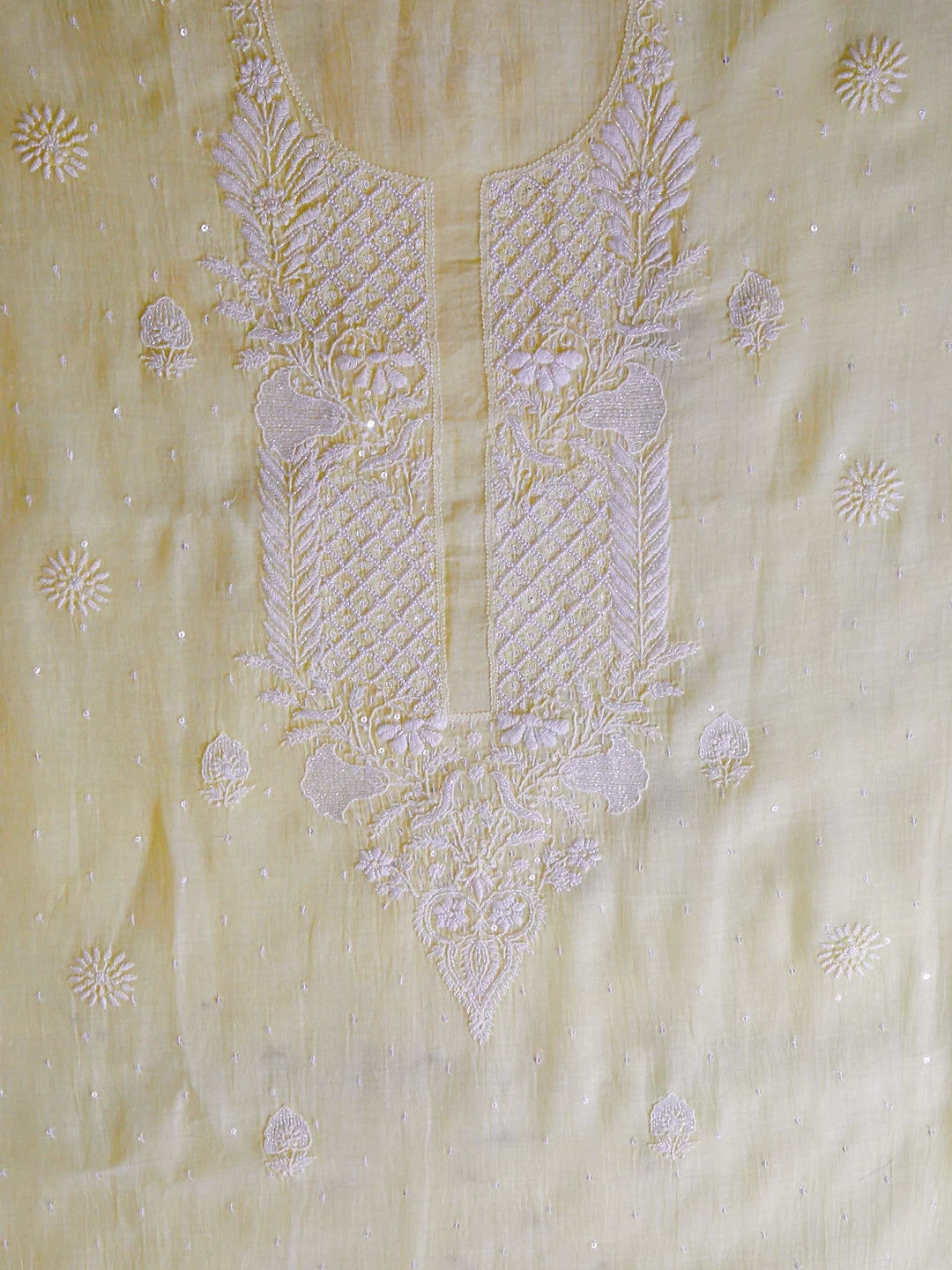 Ada Hand Embroidered Lemon Chanderi Lucknowi Chikankari Unstitched Kurta Dupatta Set With Pearl Work 01A325758
