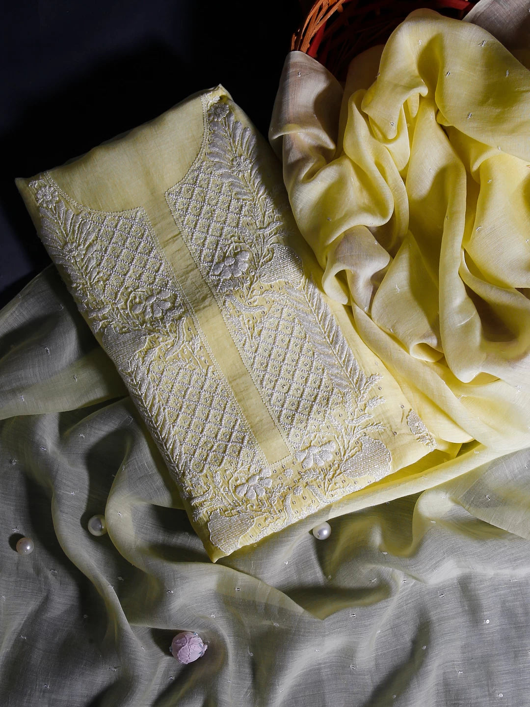 Ada Hand Embroidered Lemon Chanderi Lucknowi Chikankari Unstitched Kurta Dupatta Set With Pearl Work 01A325758