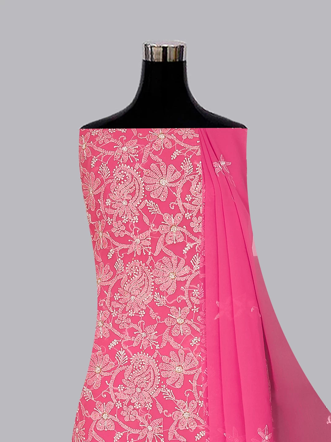 Ada Hand Embroidered Dark Pink Georgette Lucknowi Chikankari Unstitched Suit Piece With Muqaish Work  01A388202
