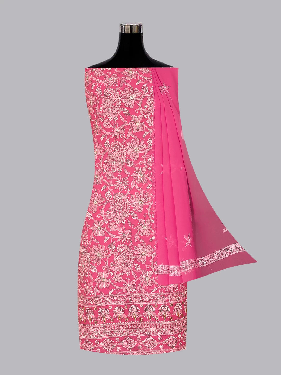Ada Hand Embroidered Dark Pink Georgette Lucknowi Chikankari Unstitched Suit Piece With Muqaish Work  01A388202