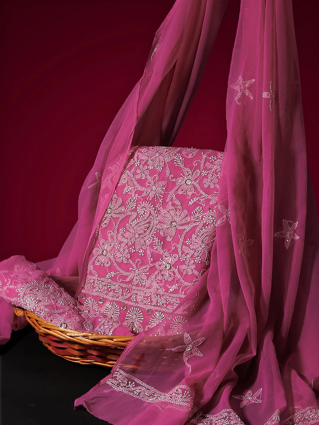 Ada Hand Embroidered Dark Pink Georgette Lucknowi Chikankari Unstitched Suit Piece With Muqaish Work  01A388202