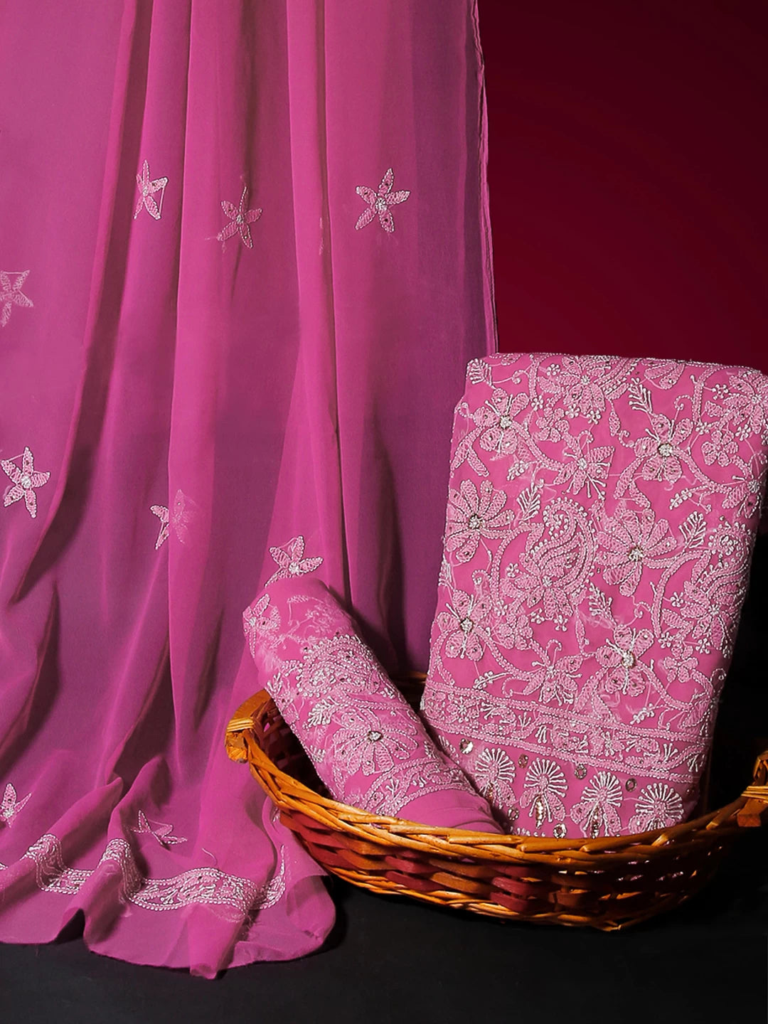 Ada Hand Embroidered Dark Pink Georgette Lucknowi Chikankari Unstitched Suit Piece With Muqaish Work  01A388202