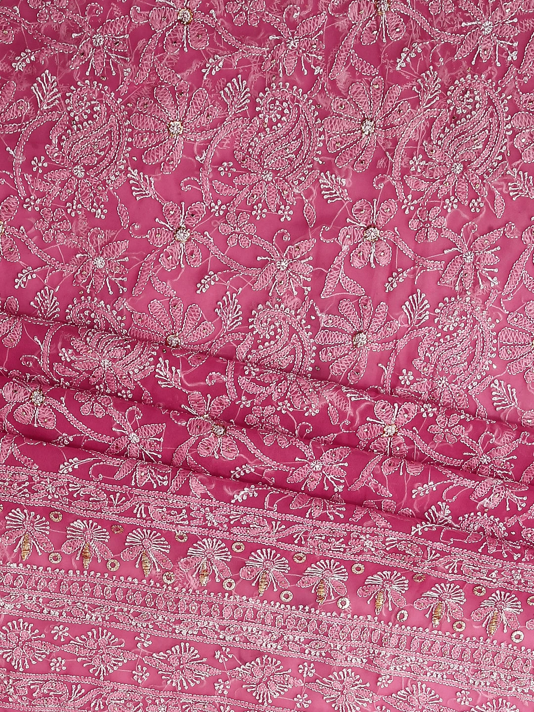 Ada Hand Embroidered Dark Pink Georgette Lucknowi Chikankari Unstitched Suit Piece With Muqaish Work  01A388202