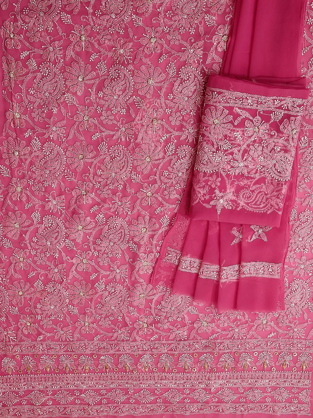 Ada Hand Embroidered Dark Pink Georgette Lucknowi Chikankari Unstitched Suit Piece With Muqaish Work  01A388202