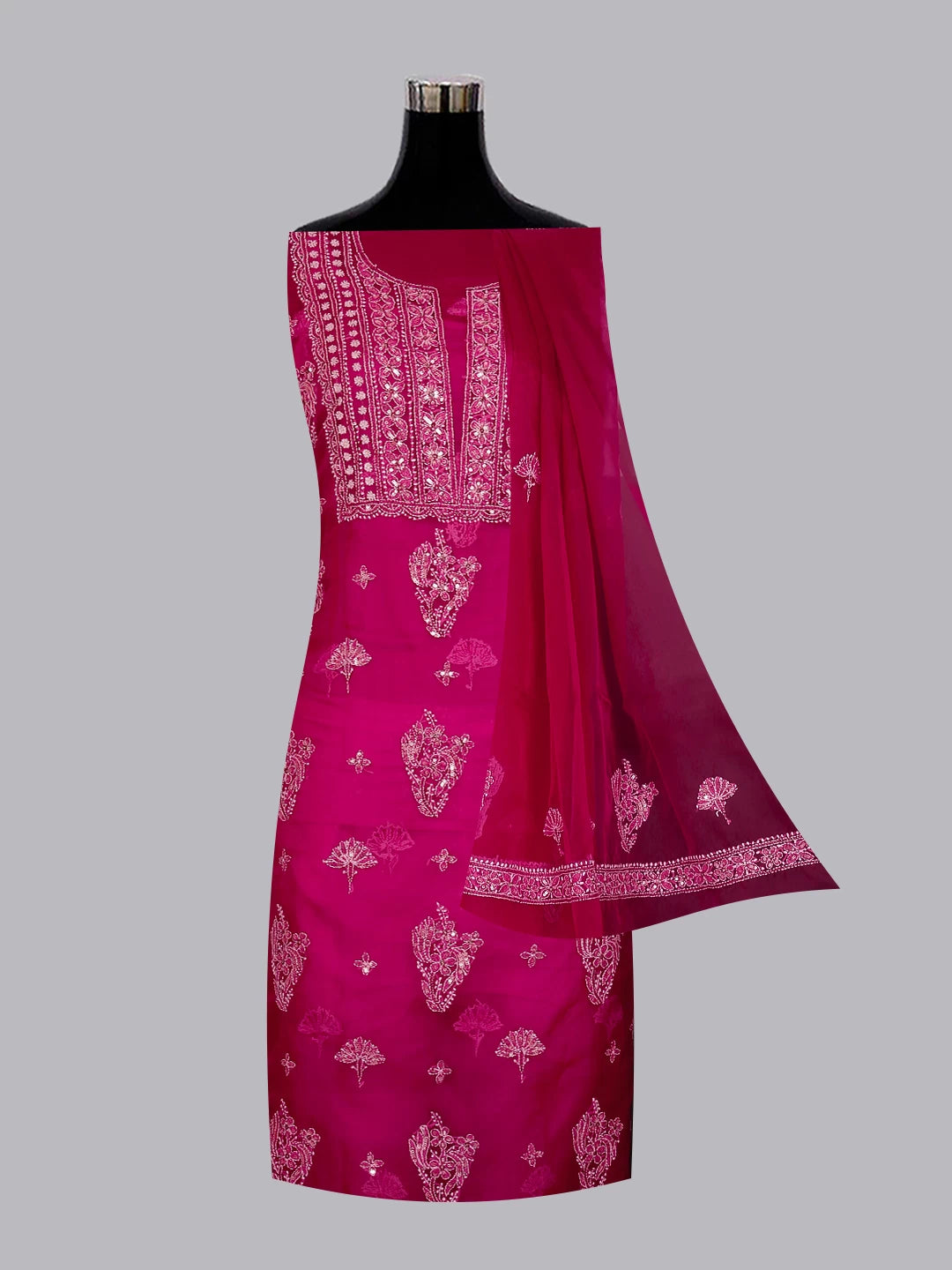Ada Hand Embroidered Magenta Organza Lucknowi Chikankari Unstitched Kurta Dupatta Set With Sequinned Work 01A128414