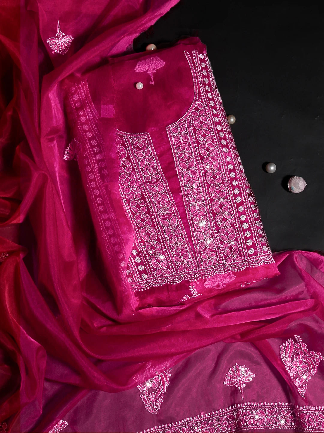 Ada Hand Embroidered Magenta Organza Lucknowi Chikankari Unstitched Kurta Dupatta Set With Sequinned Work 01A128414