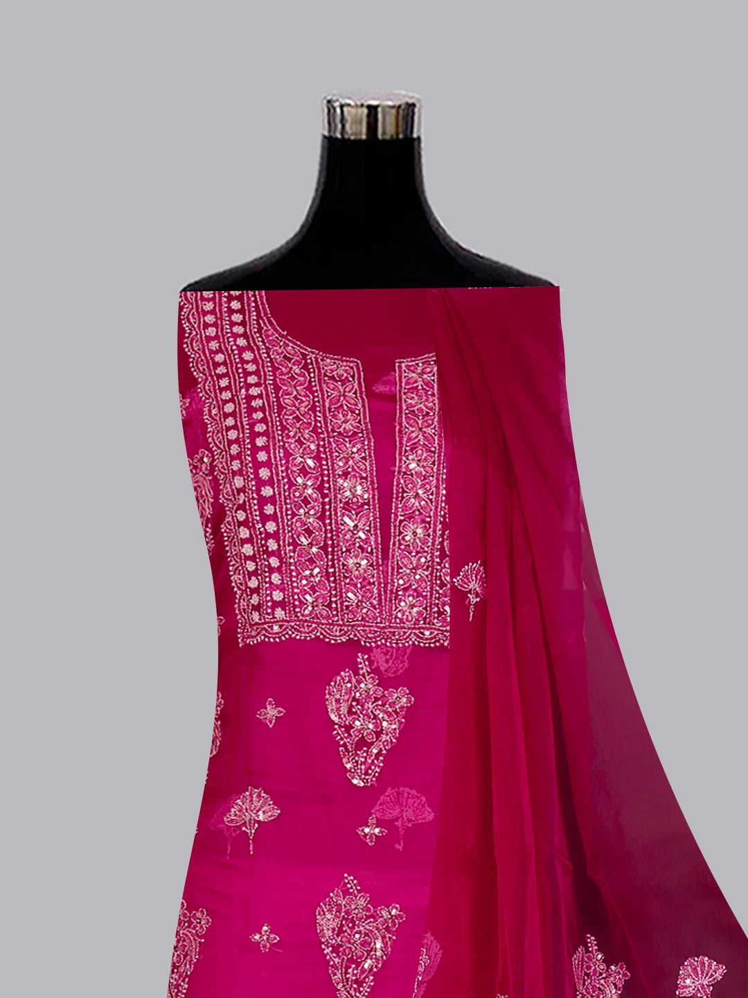 Ada Hand Embroidered Magenta Organza Lucknowi Chikankari Unstitched Kurta Dupatta Set With Sequinned Work 01A128414