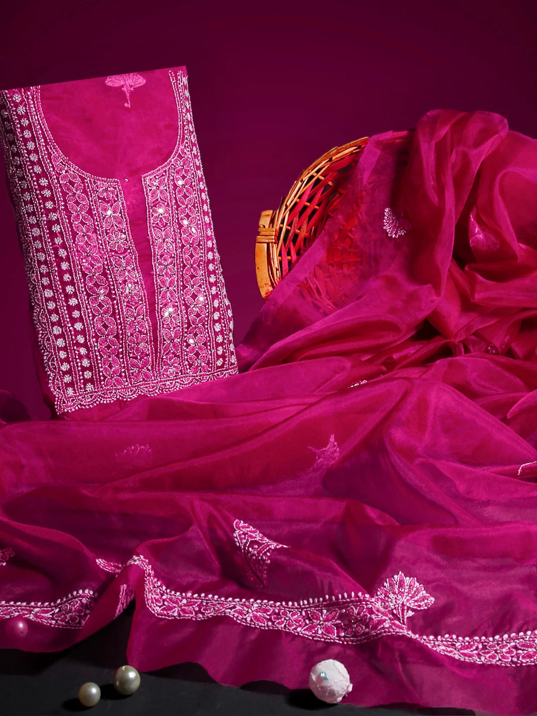 Ada Hand Embroidered Magenta Organza Lucknowi Chikankari Unstitched Kurta Dupatta Set With Sequinned Work 01A128414