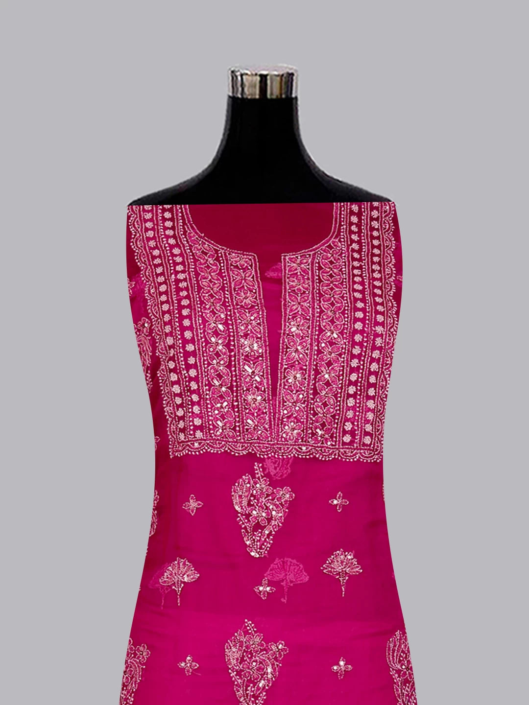 Ada Hand Embroidered Magenta Organza Lucknowi Chikankari Unstitched Kurta Dupatta Set With Sequinned Work 01A128414