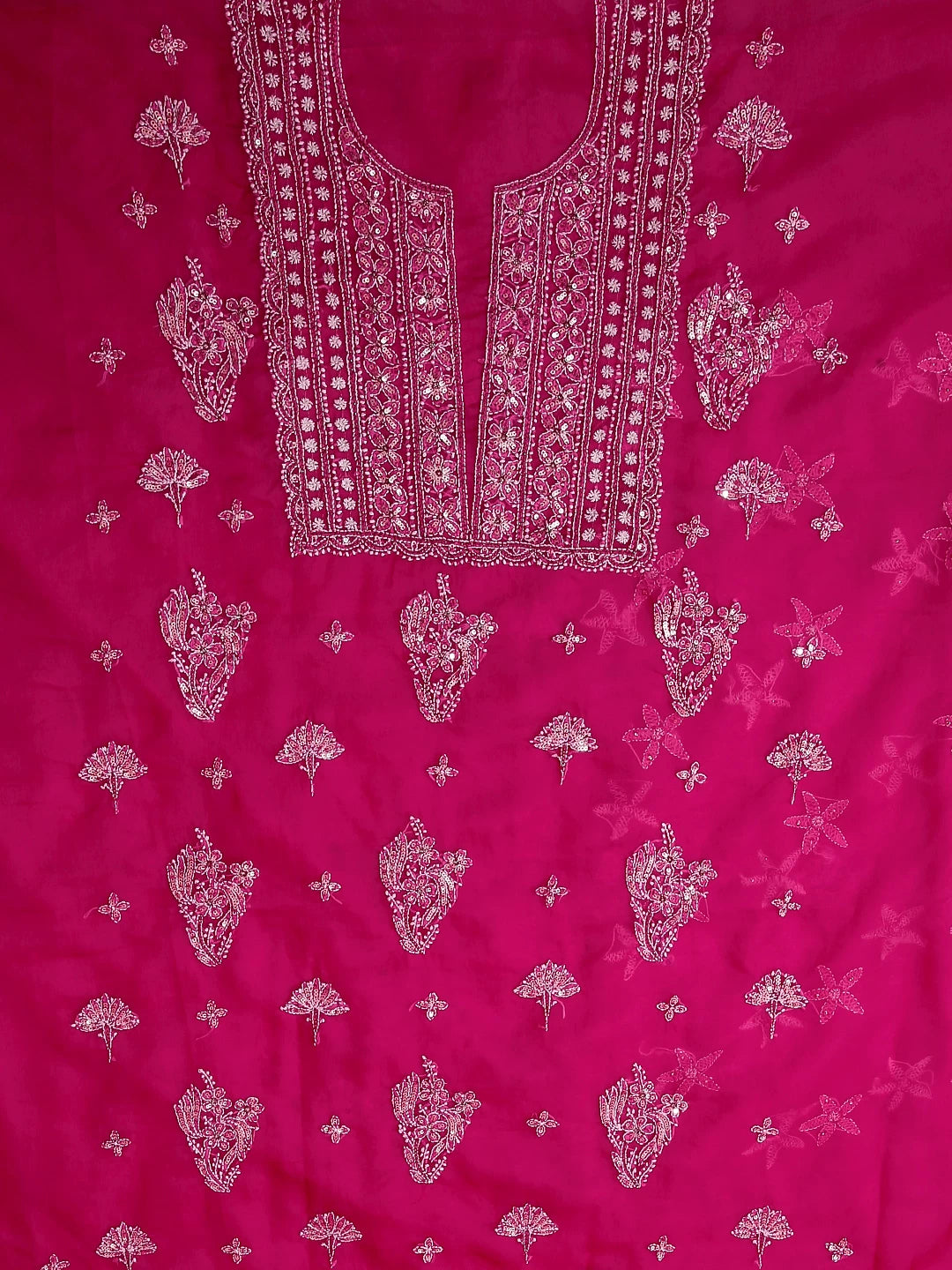 Ada Hand Embroidered Magenta Organza Lucknowi Chikankari Unstitched Kurta Dupatta Set With Sequinned Work 01A128414