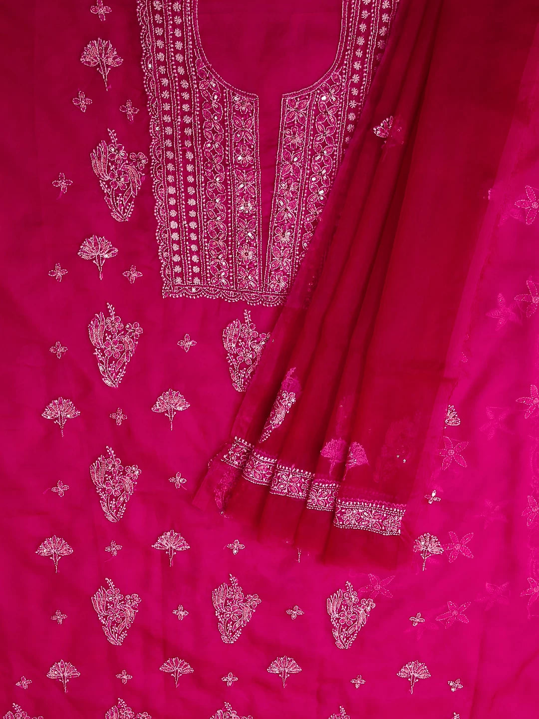 Ada Hand Embroidered Magenta Organza Lucknowi Chikankari Unstitched Kurta Dupatta Set With Sequinned Work 01A128414