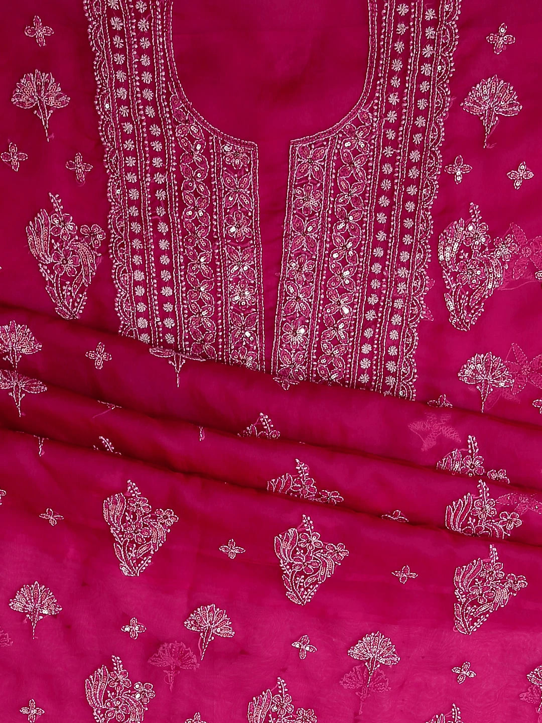Ada Hand Embroidered Magenta Organza Lucknowi Chikankari Unstitched Kurta Dupatta Set With Sequinned Work 01A128414