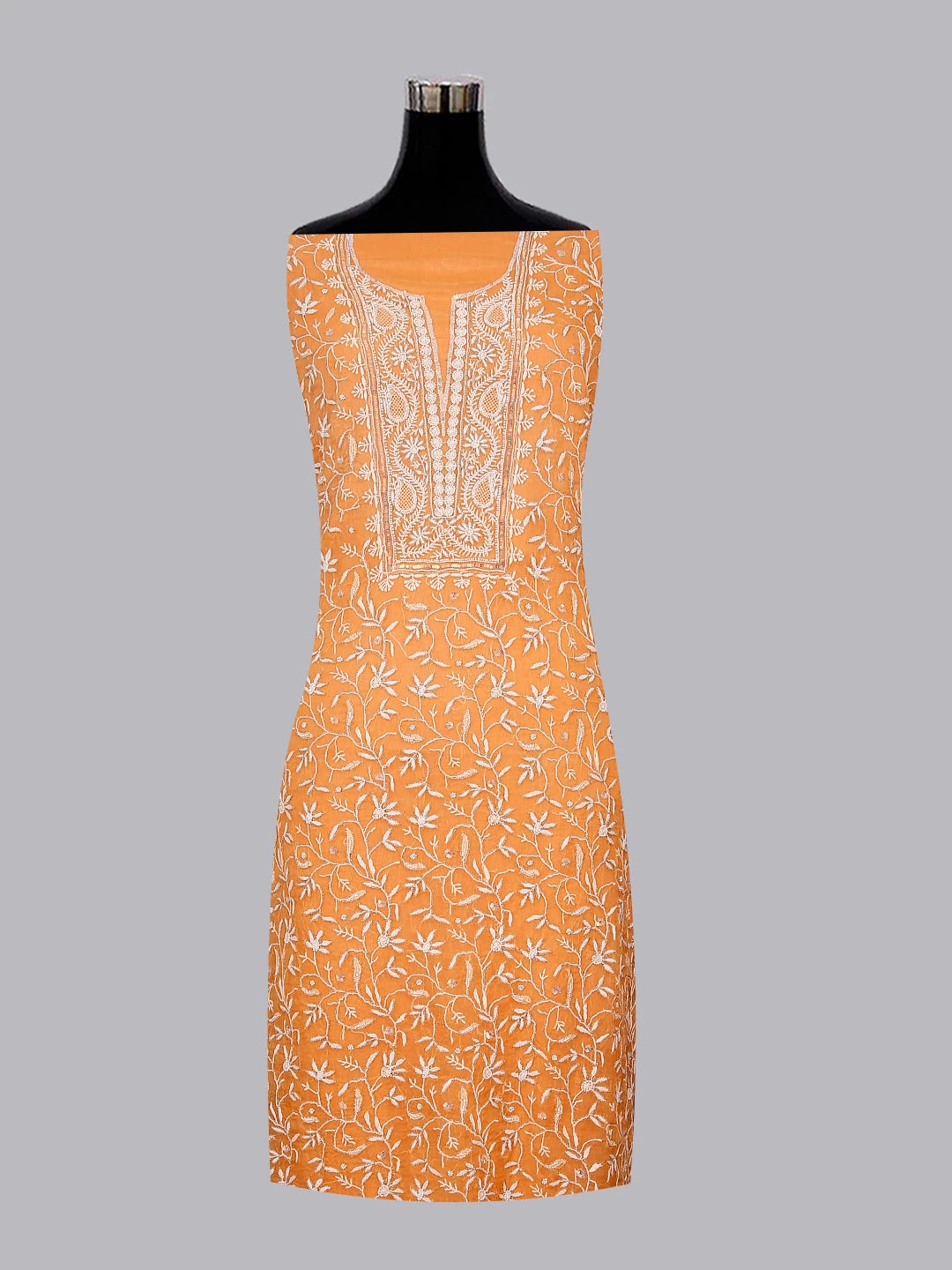 Ada Hand Embroidered Orange Organza Lucknowi Chikankari Unstitched Kurta Dupatta Set With Pearl Work 01A293729