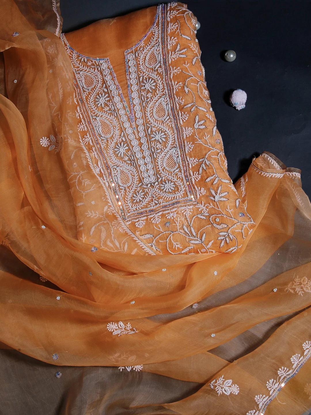 Ada Hand Embroidered Orange Organza Lucknowi Chikankari Unstitched Kurta Dupatta Set With Pearl Work 01A293729