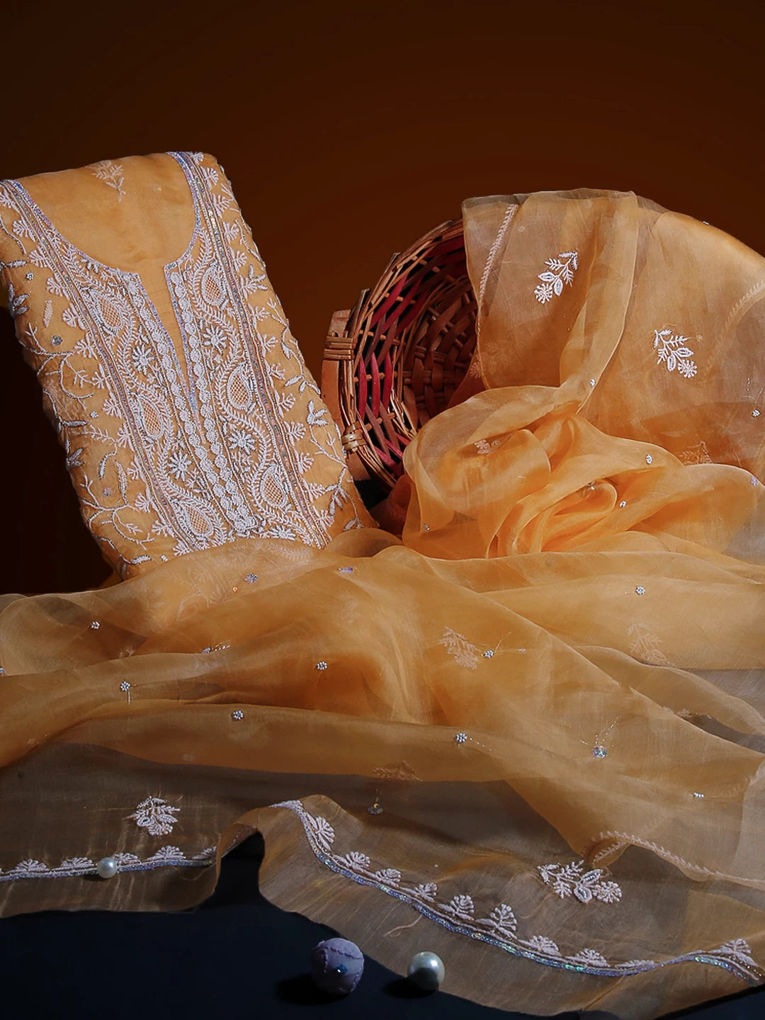 Ada Hand Embroidered Orange Organza Lucknowi Chikankari Unstitched Kurta Dupatta Set With Pearl Work 01A293729