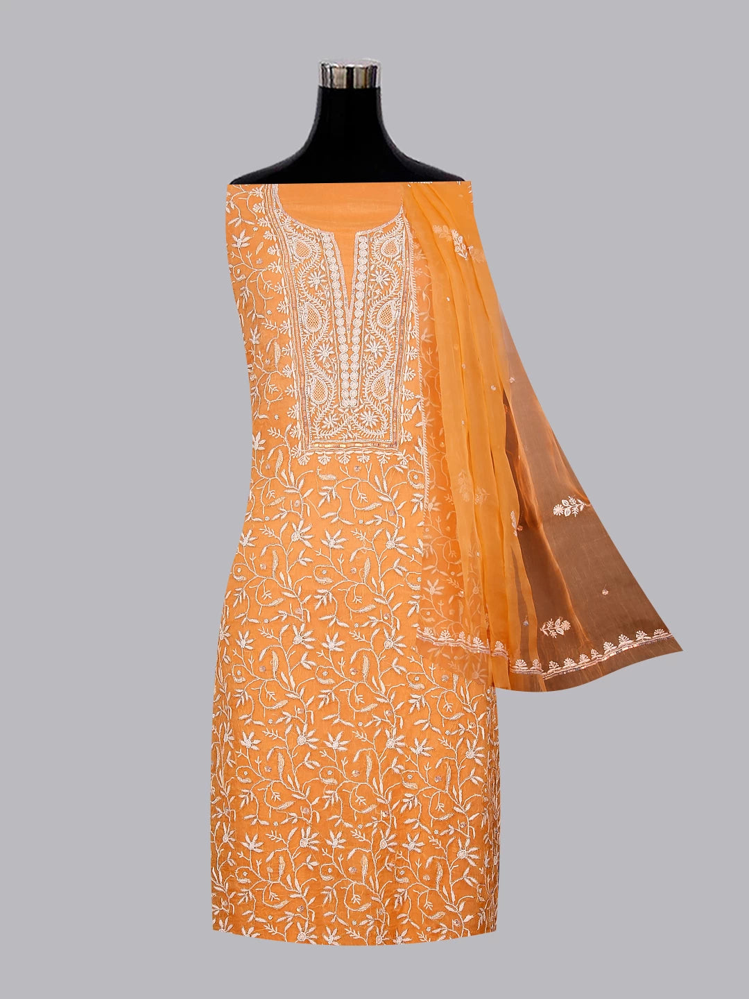 Ada Hand Embroidered Orange Organza Lucknowi Chikankari Unstitched Kurta Dupatta Set With Pearl Work 01A293729