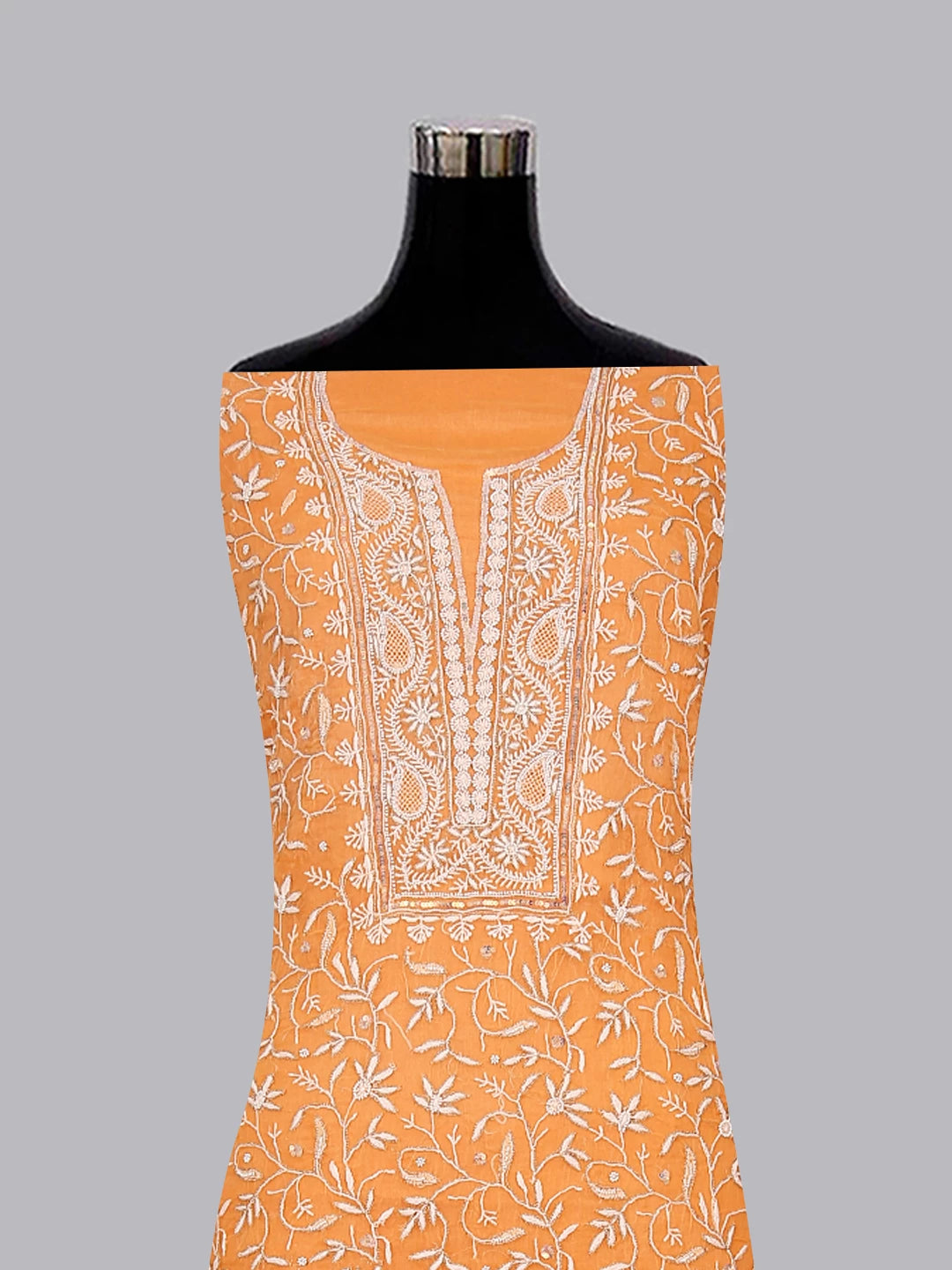 Ada Hand Embroidered Orange Organza Lucknowi Chikankari Unstitched Kurta Dupatta Set With Pearl Work 01A293729