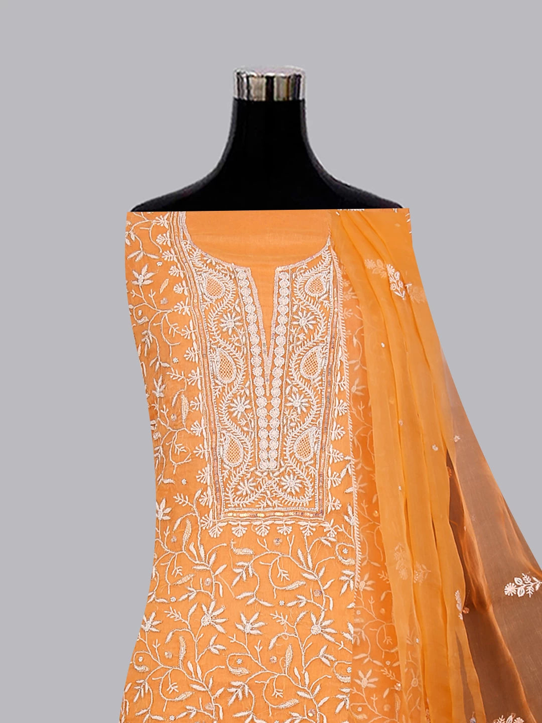 Ada Hand Embroidered Orange Organza Lucknowi Chikankari Unstitched Kurta Dupatta Set With Pearl Work 01A293729
