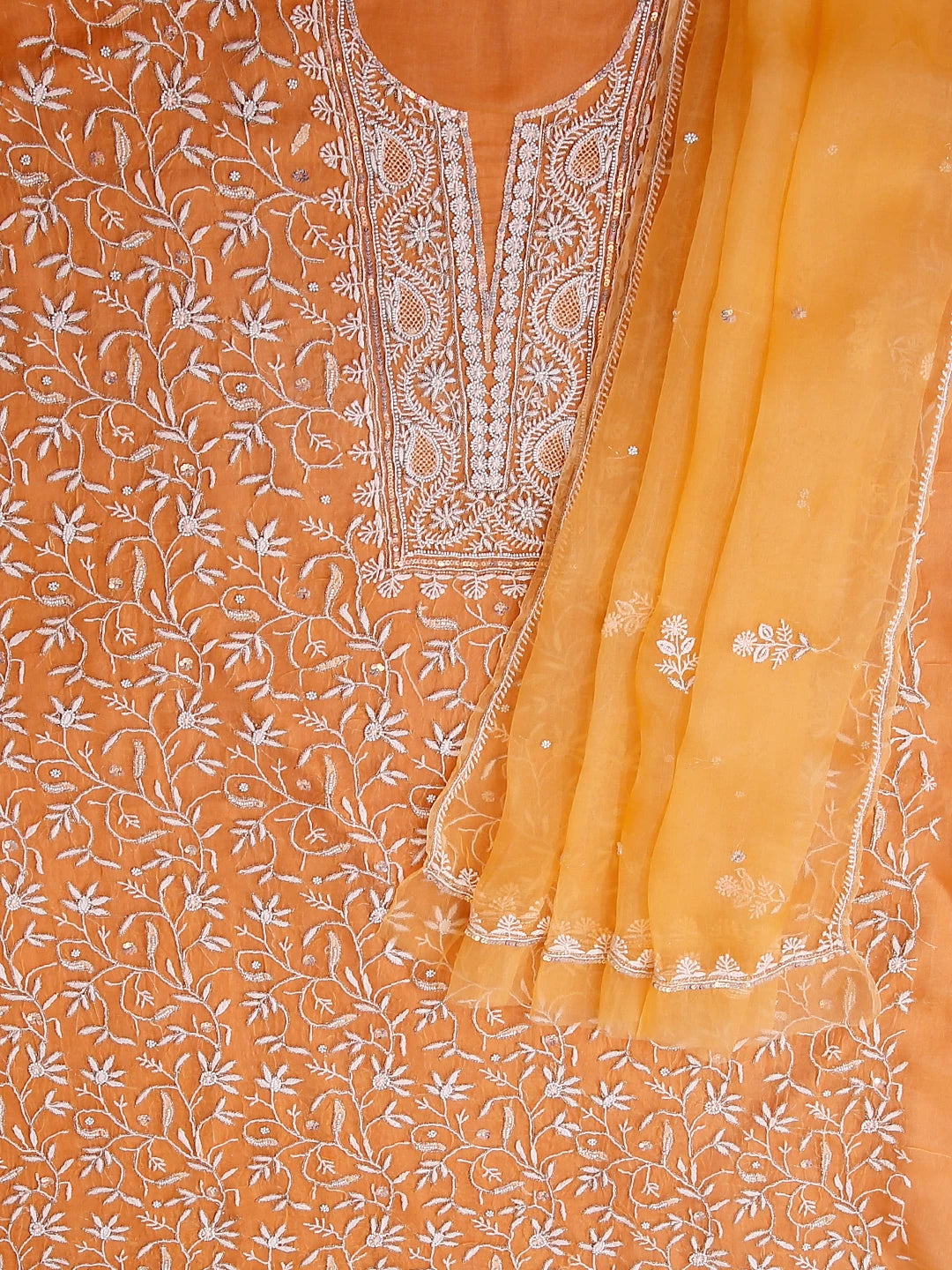 Ada Hand Embroidered Orange Organza Lucknowi Chikankari Unstitched Kurta Dupatta Set With Pearl Work 01A293729