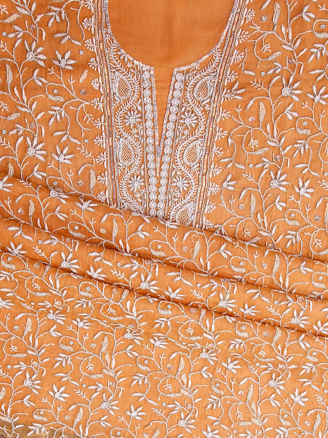 Ada Hand Embroidered Orange Organza Lucknowi Chikankari Unstitched Kurta Dupatta Set With Pearl Work 01A293729