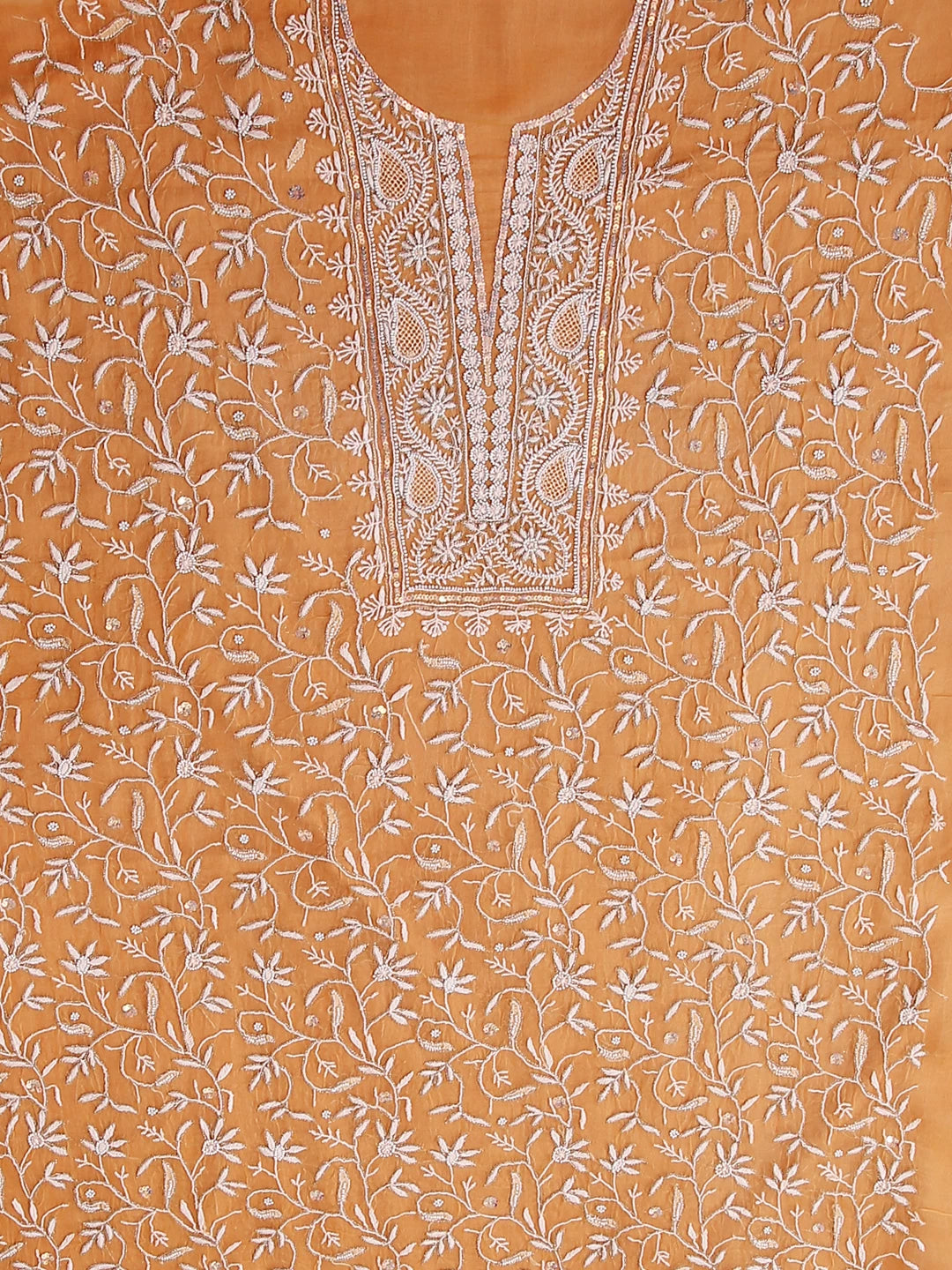 Ada Hand Embroidered Orange Organza Lucknowi Chikankari Unstitched Kurta Dupatta Set With Pearl Work 01A293729