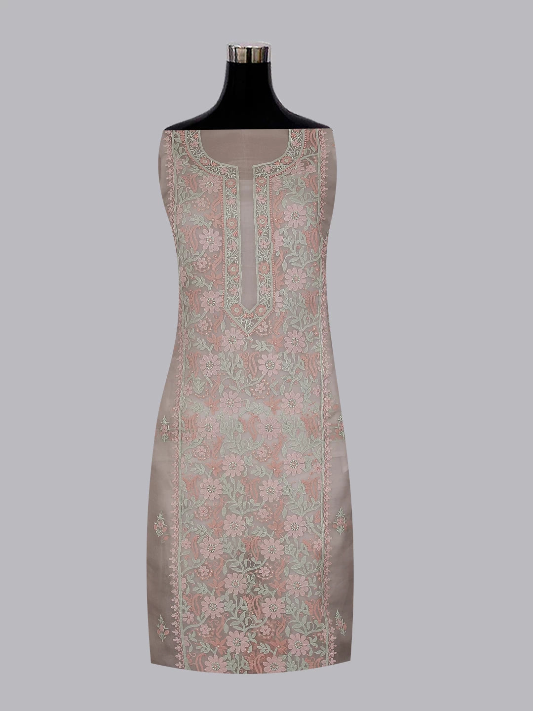 Ada Hand Embroidered Grey Organza Lucknowi Chikankari Unstitched Kurta Dupatta Set 01A483378