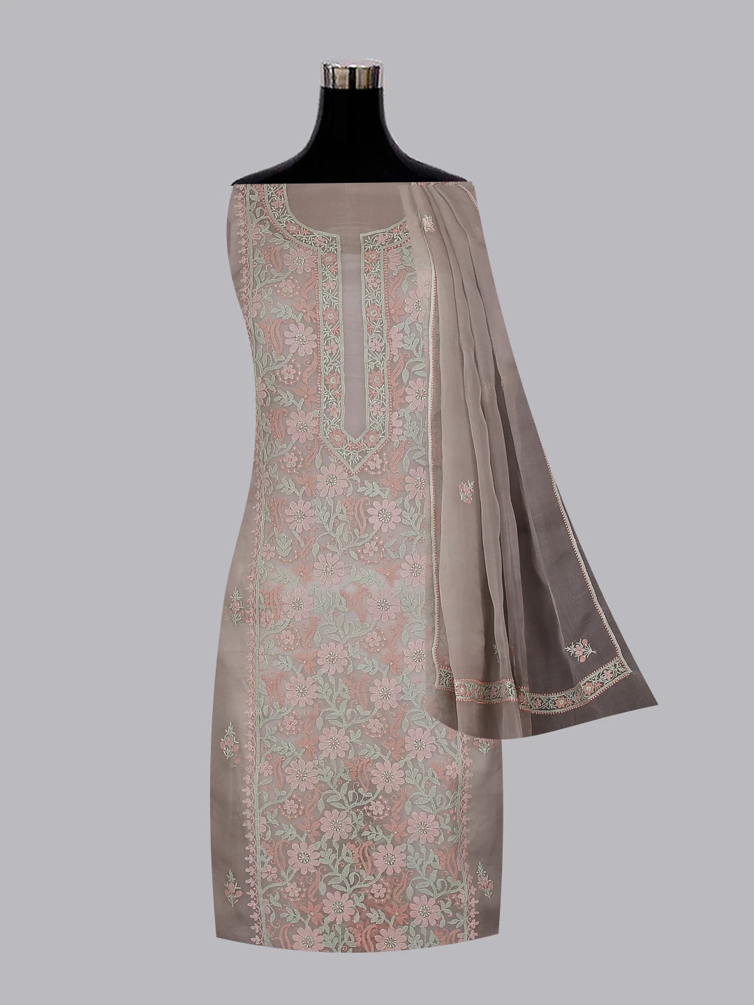 Ada Hand Embroidered Grey Organza Lucknowi Chikankari Unstitched Kurta Dupatta Set 01A483378