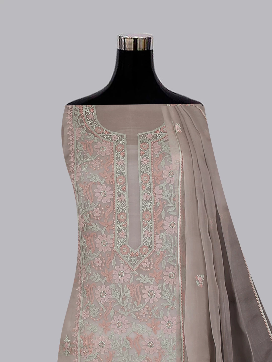 Ada Hand Embroidered Grey Organza Lucknowi Chikankari Unstitched Kurta Dupatta Set 01A483378