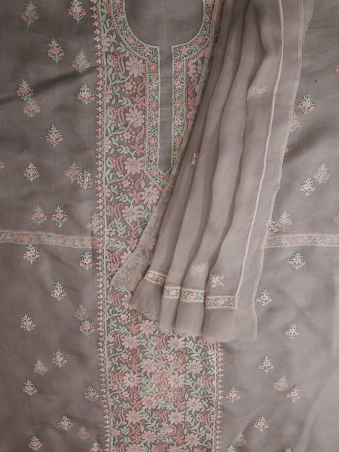 Ada Hand Embroidered Grey Organza Lucknowi Chikankari Unstitched Kurta Dupatta Set 01A483378