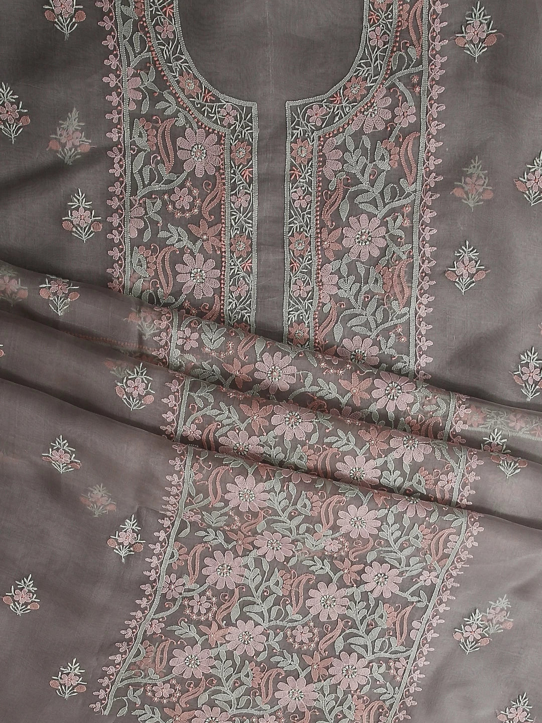 Ada Hand Embroidered Grey Organza Lucknowi Chikankari Unstitched Kurta Dupatta Set 01A483378