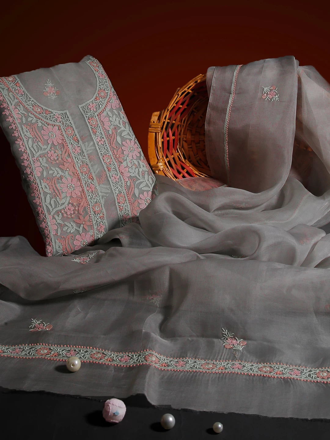 Ada Hand Embroidered Grey Organza Lucknowi Chikankari Unstitched Kurta Dupatta Set 01A483378