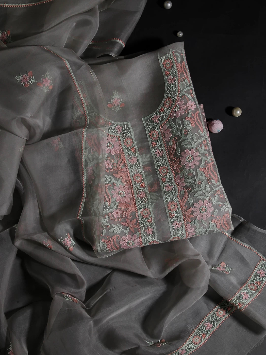 Ada Hand Embroidered Grey Organza Lucknowi Chikankari Unstitched Kurta Dupatta Set 01A483378