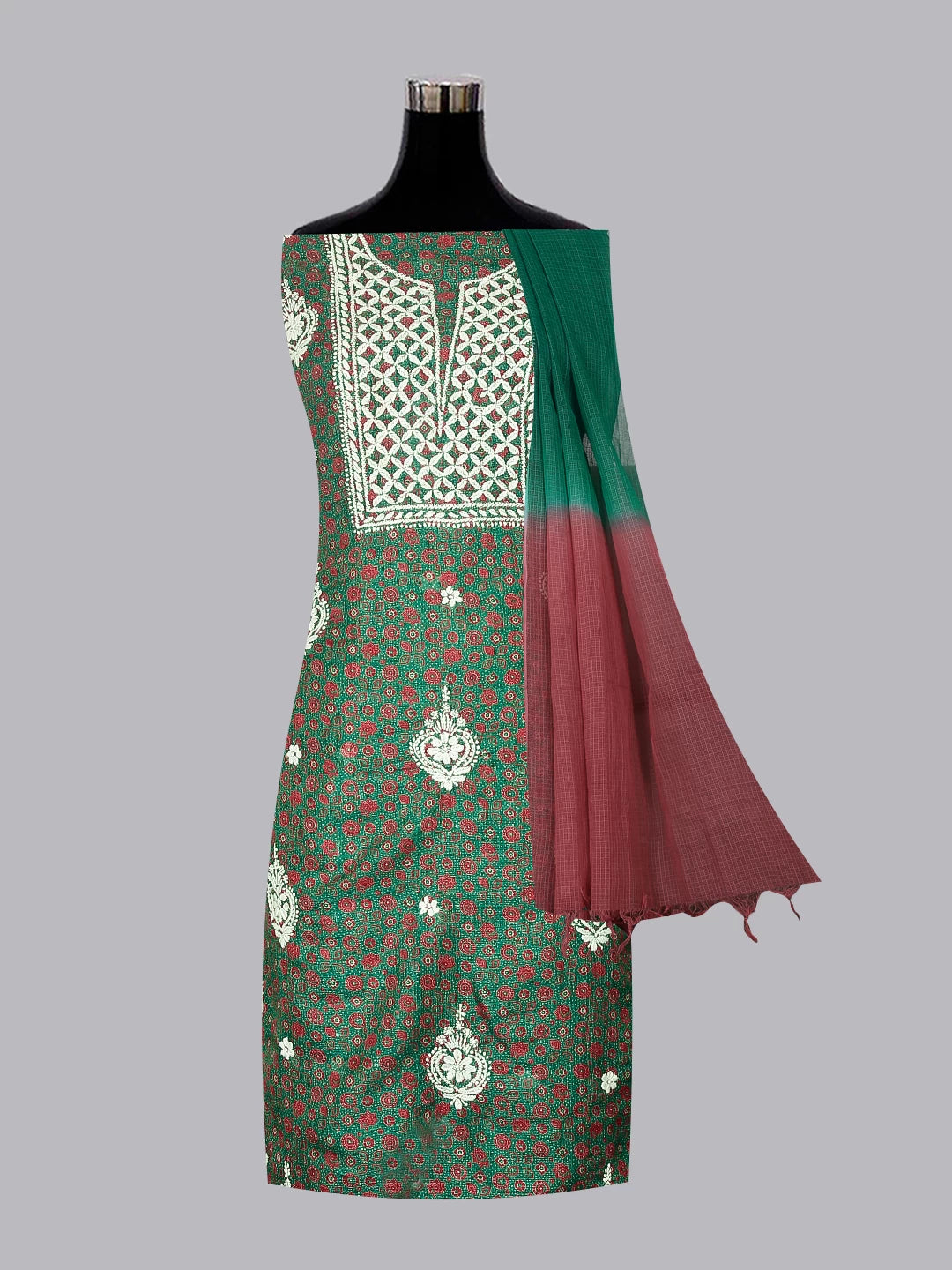 Ada Hand Embroidered Green Kota Silk Lucknowi Chikankari Unstitched Kurta Dupatta Set 01A349733