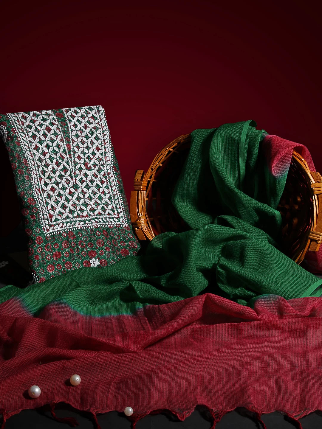Ada Hand Embroidered Green Kota Silk Lucknowi Chikankari Unstitched Kurta Dupatta Set 01A349733