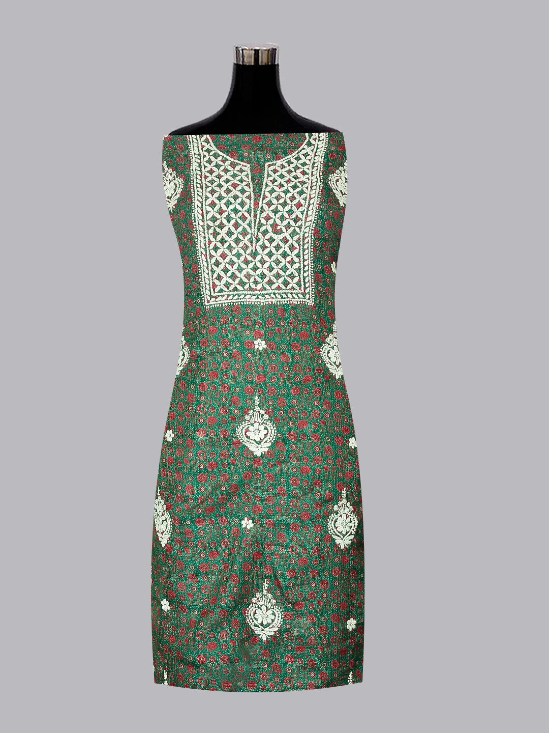 Ada Hand Embroidered Green Kota Silk Lucknowi Chikankari Unstitched Kurta Dupatta Set 01A349733