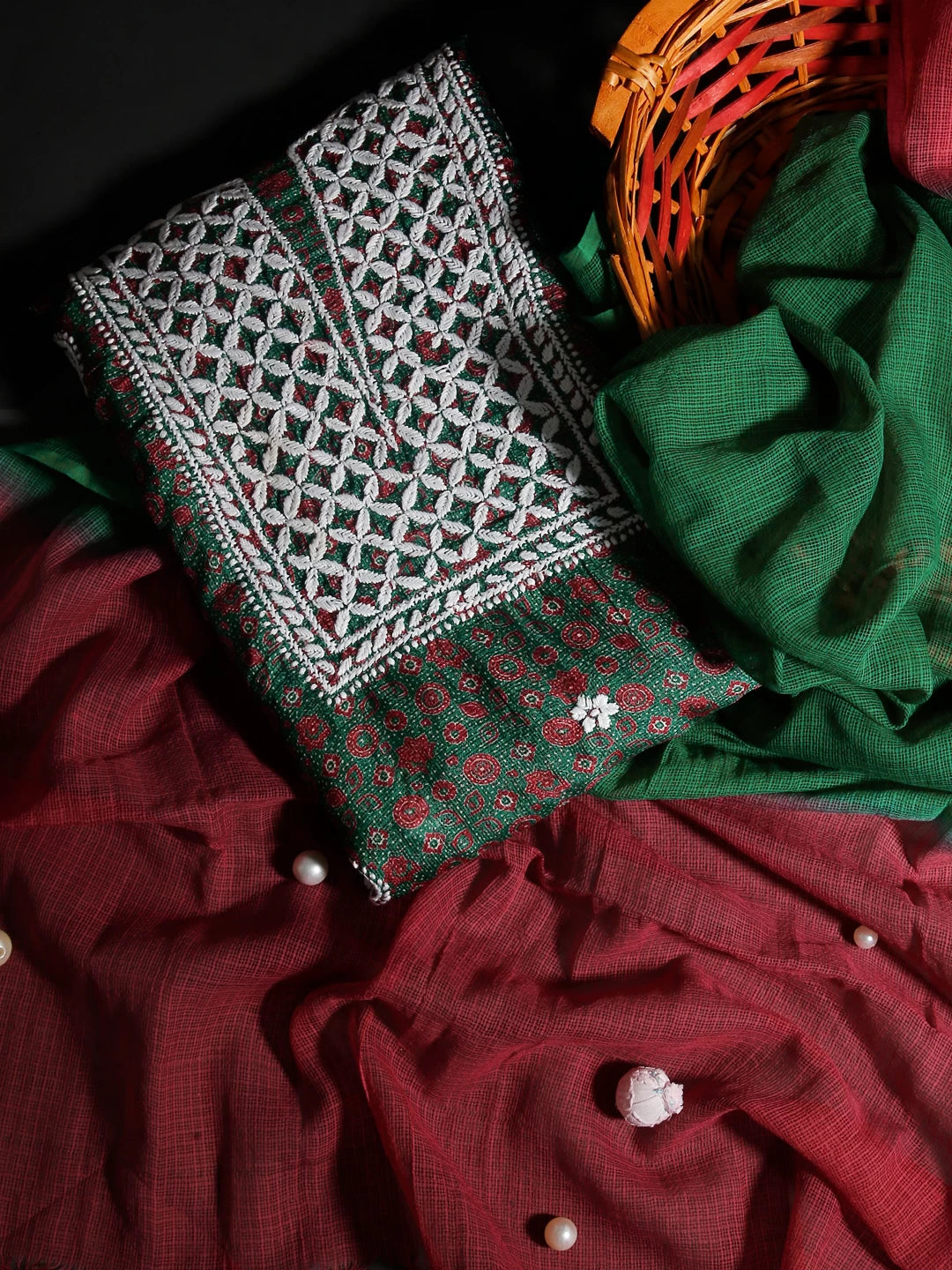 Ada Hand Embroidered Green Kota Silk Lucknowi Chikankari Unstitched Kurta Dupatta Set 01A349733