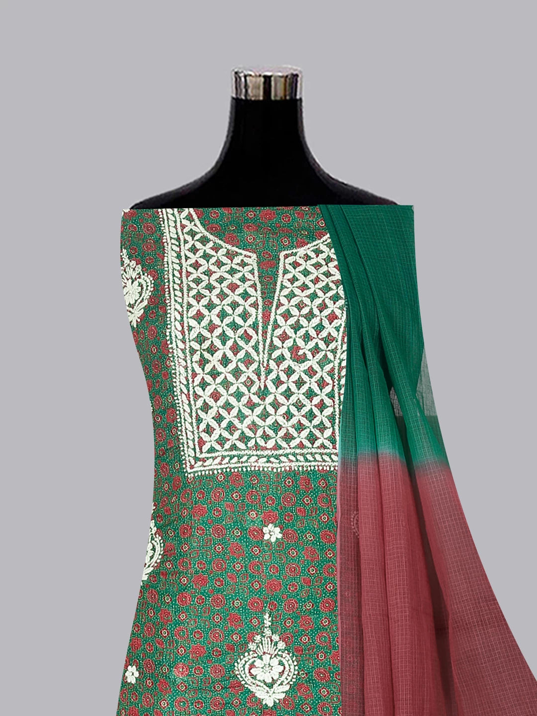 Ada Hand Embroidered Green Kota Silk Lucknowi Chikankari Unstitched Kurta Dupatta Set 01A349733