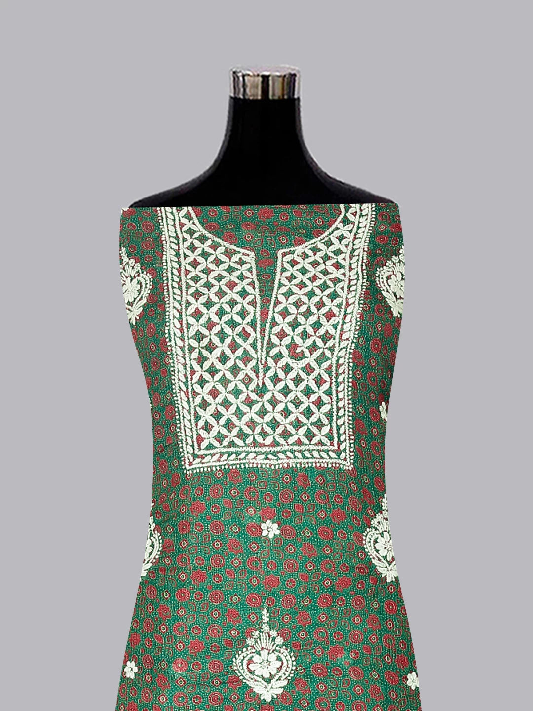 Ada Hand Embroidered Green Kota Silk Lucknowi Chikankari Unstitched Kurta Dupatta Set 01A349733