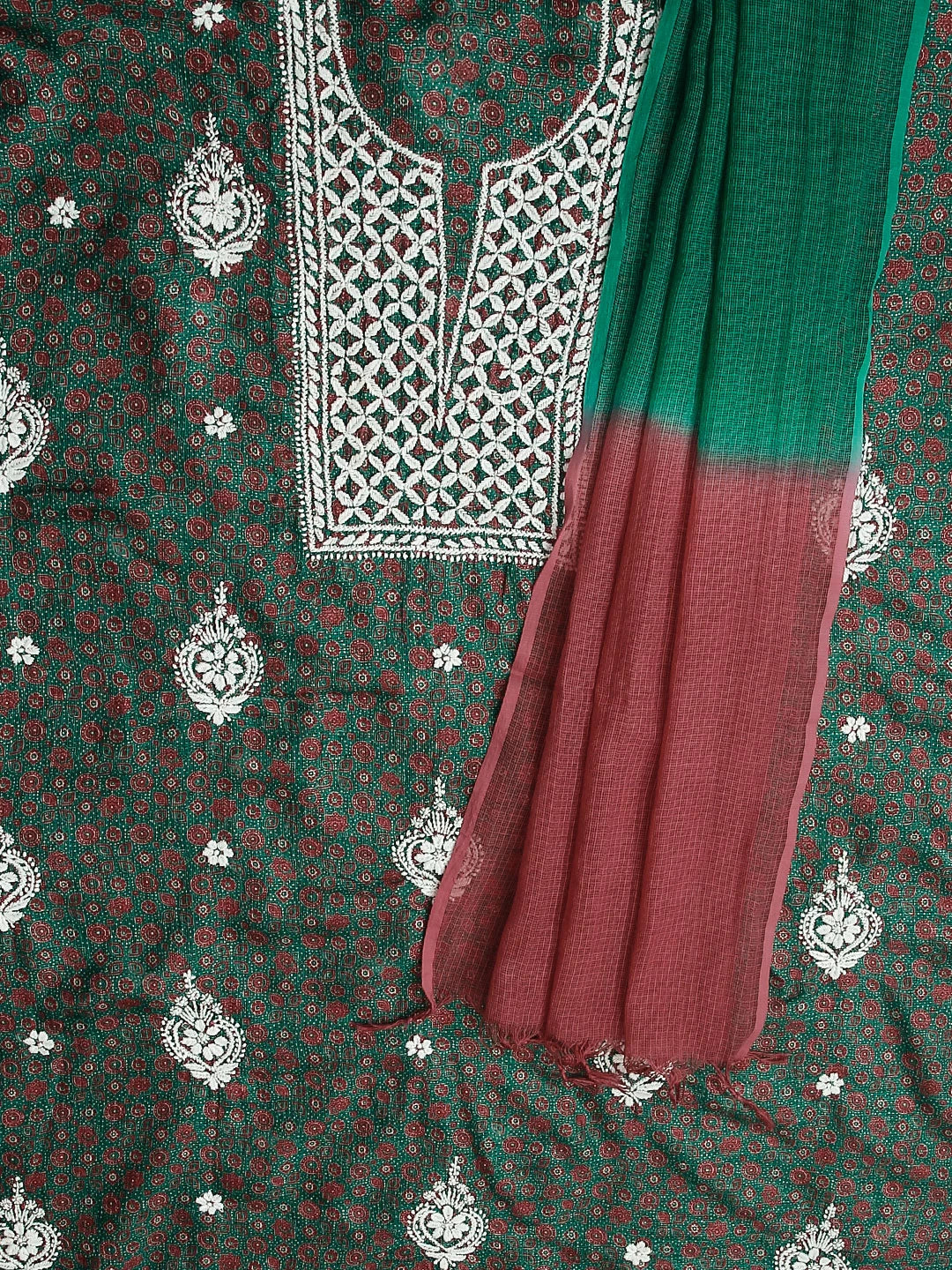 Ada Hand Embroidered Green Kota Silk Lucknowi Chikankari Unstitched Kurta Dupatta Set 01A349733
