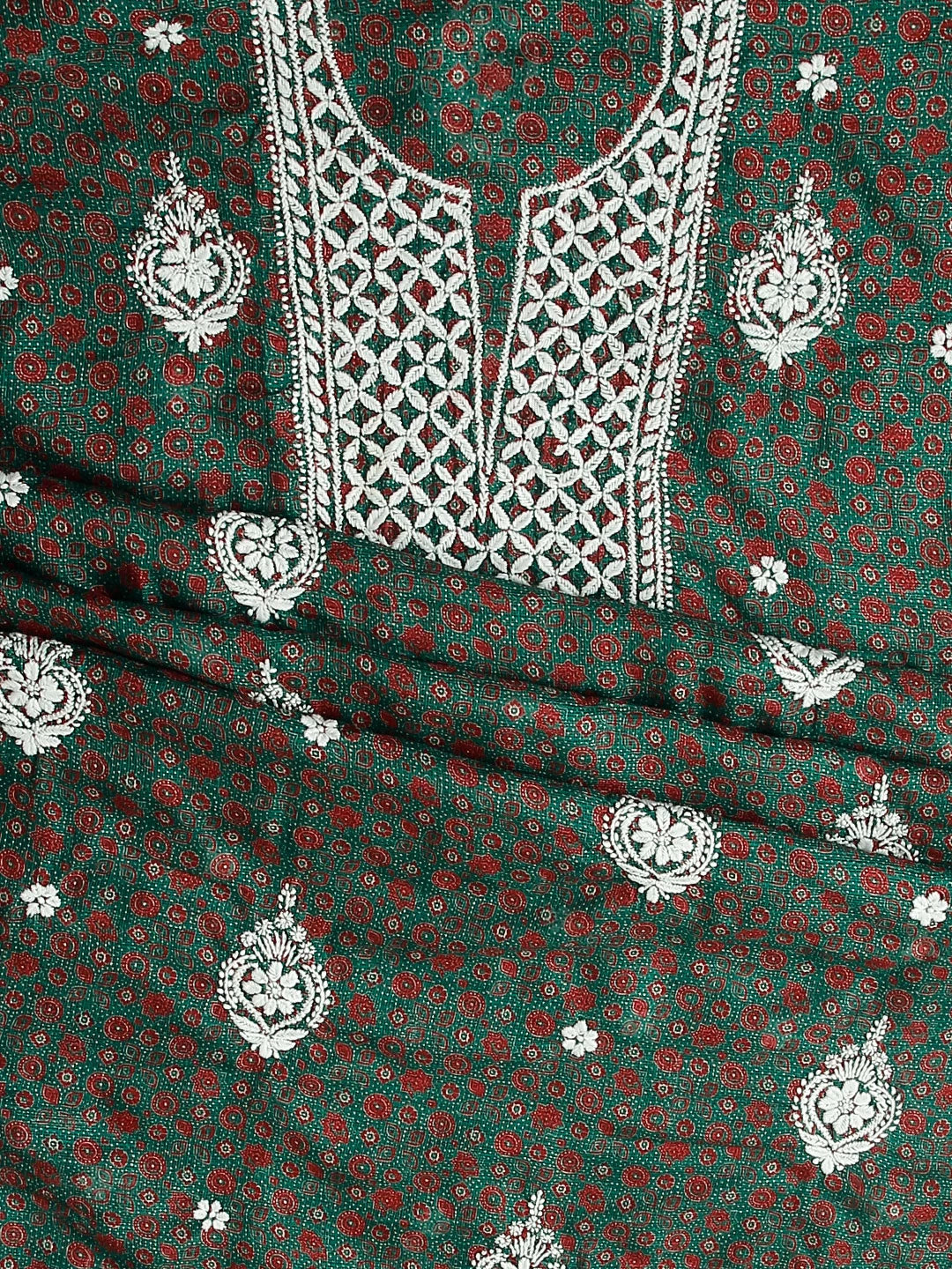 Ada Hand Embroidered Green Kota Silk Lucknowi Chikankari Unstitched Kurta Dupatta Set 01A349733