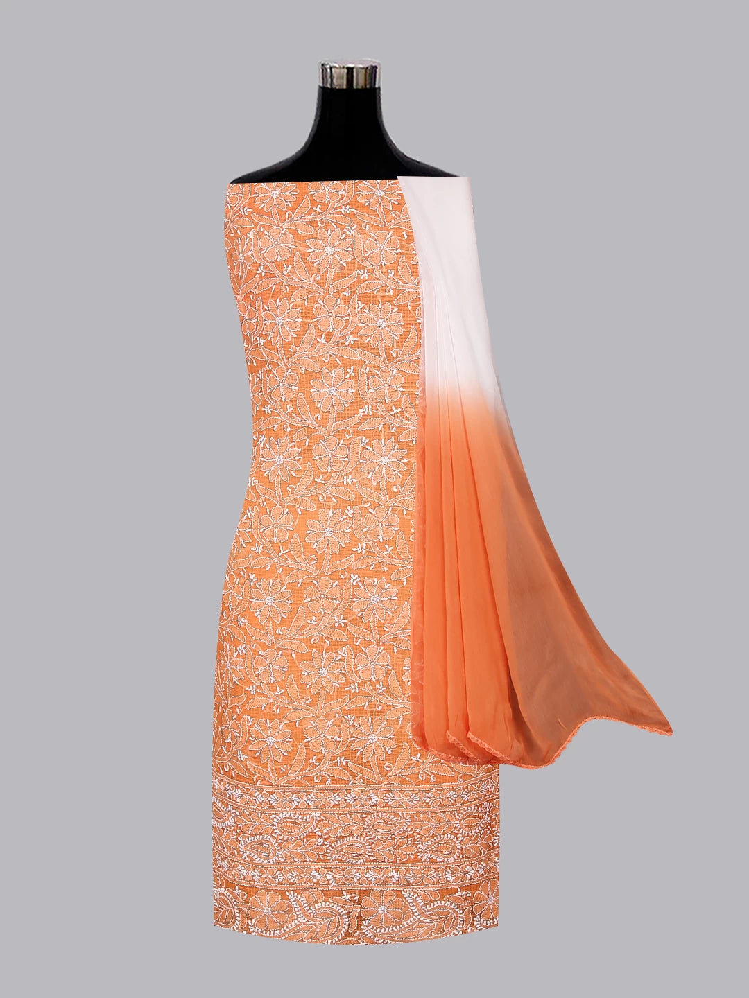 Ada Hand Embroidered Orange Kota Cotton Lucknowi Chikankari Unstitched Suit Piece 01A239557